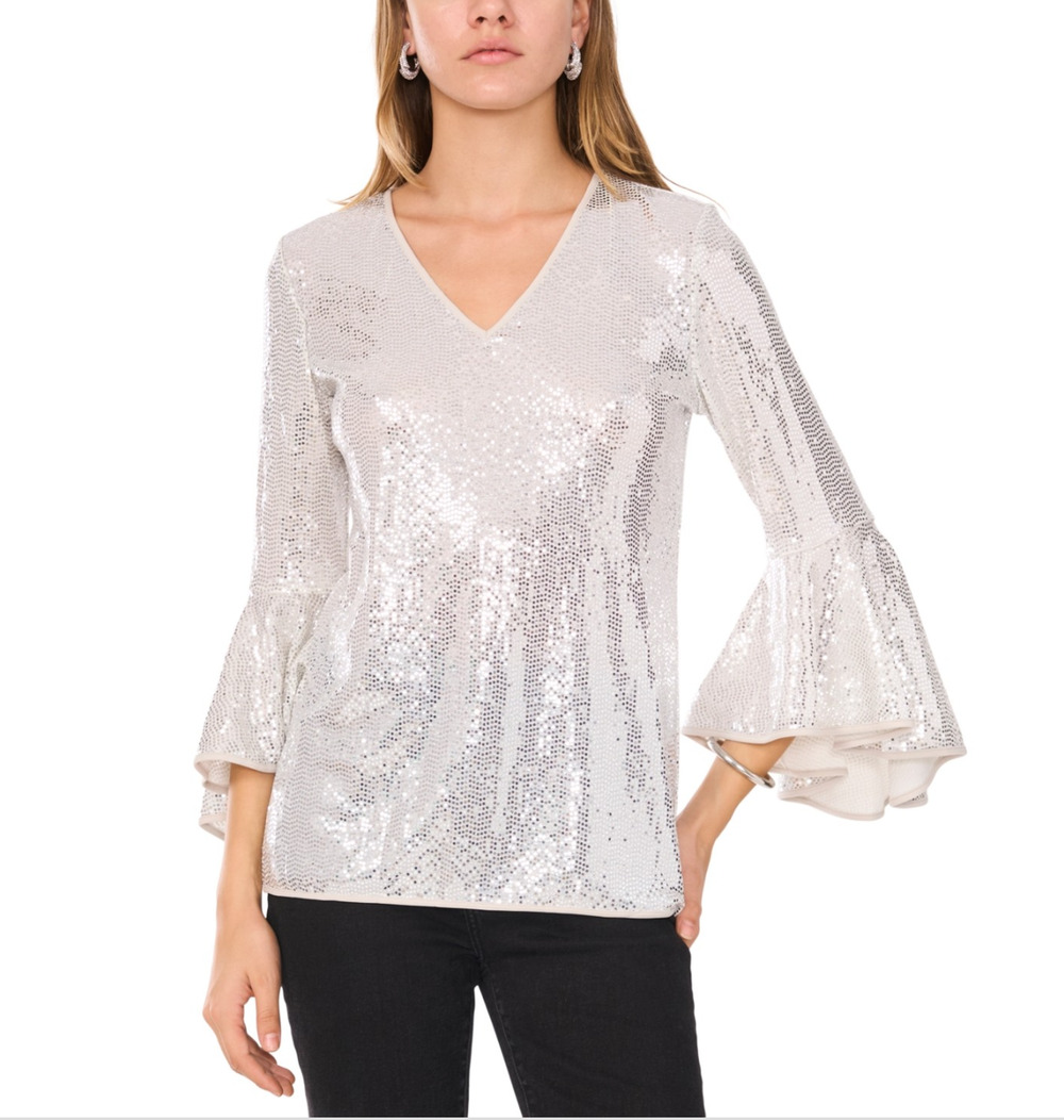 Vince Camuto Women Sequined V-Neck Bell Sleeve Top Silver Size XL